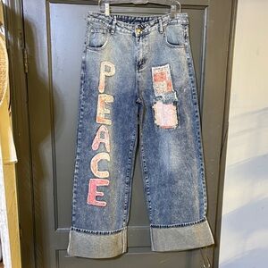 SHEIN Blue Flare Jeans with Peace Patchwork